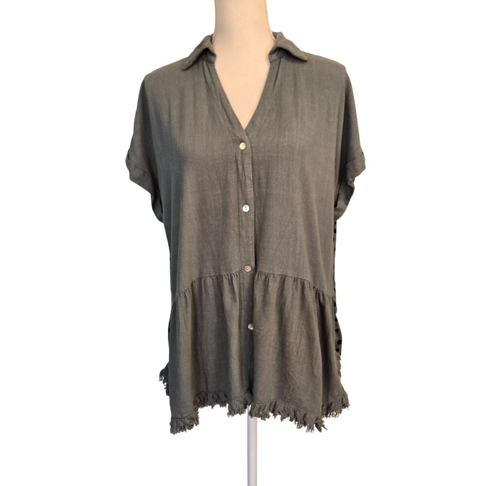 UMGEE Mixed Media Oversized Green Linen Blend Frayed Button Shirt Womens Small